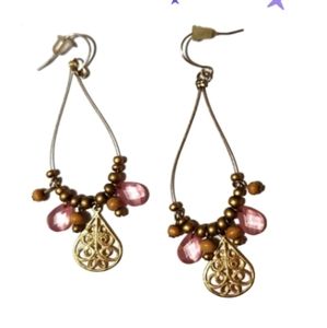 Vintage filigree dangle rose quartz beads earrings